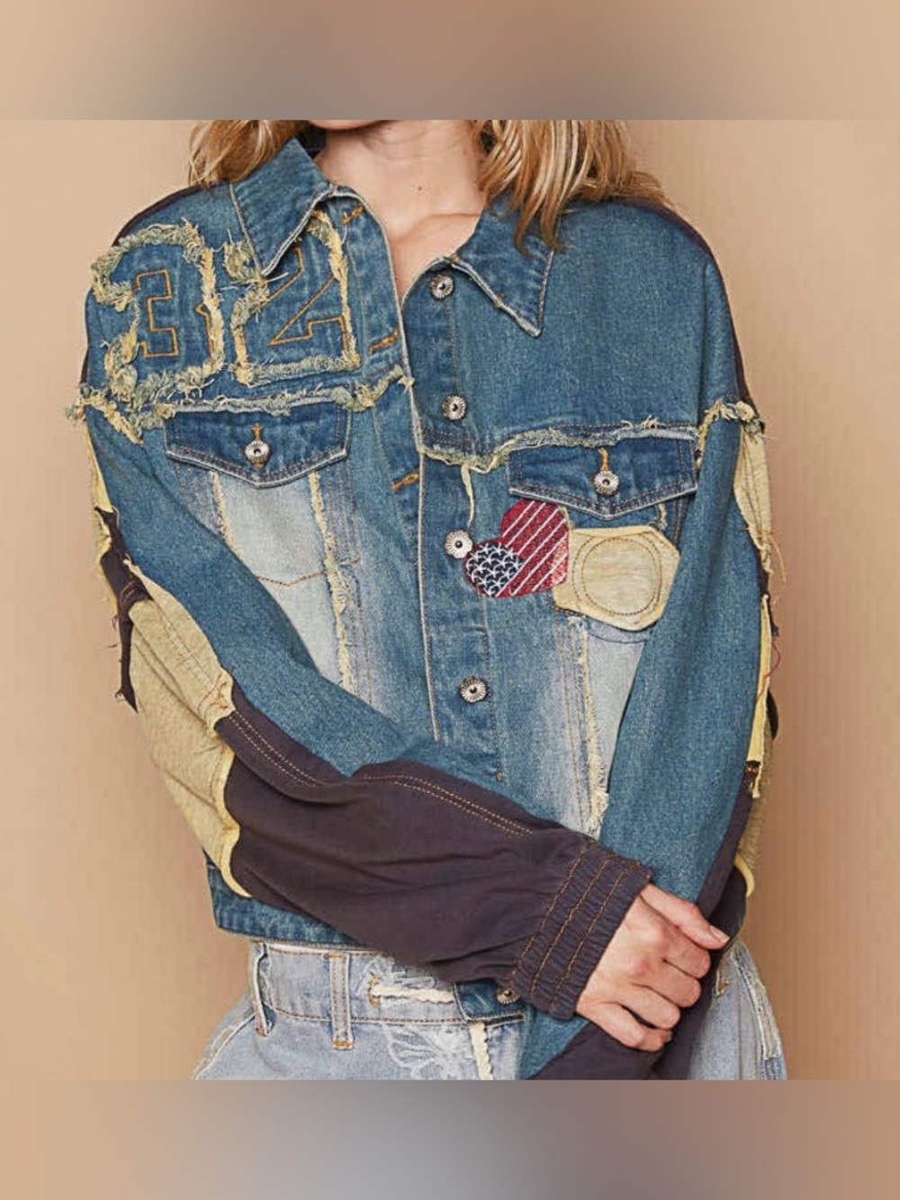 NWOT- POL Distressed Patchwork Denim Jacket